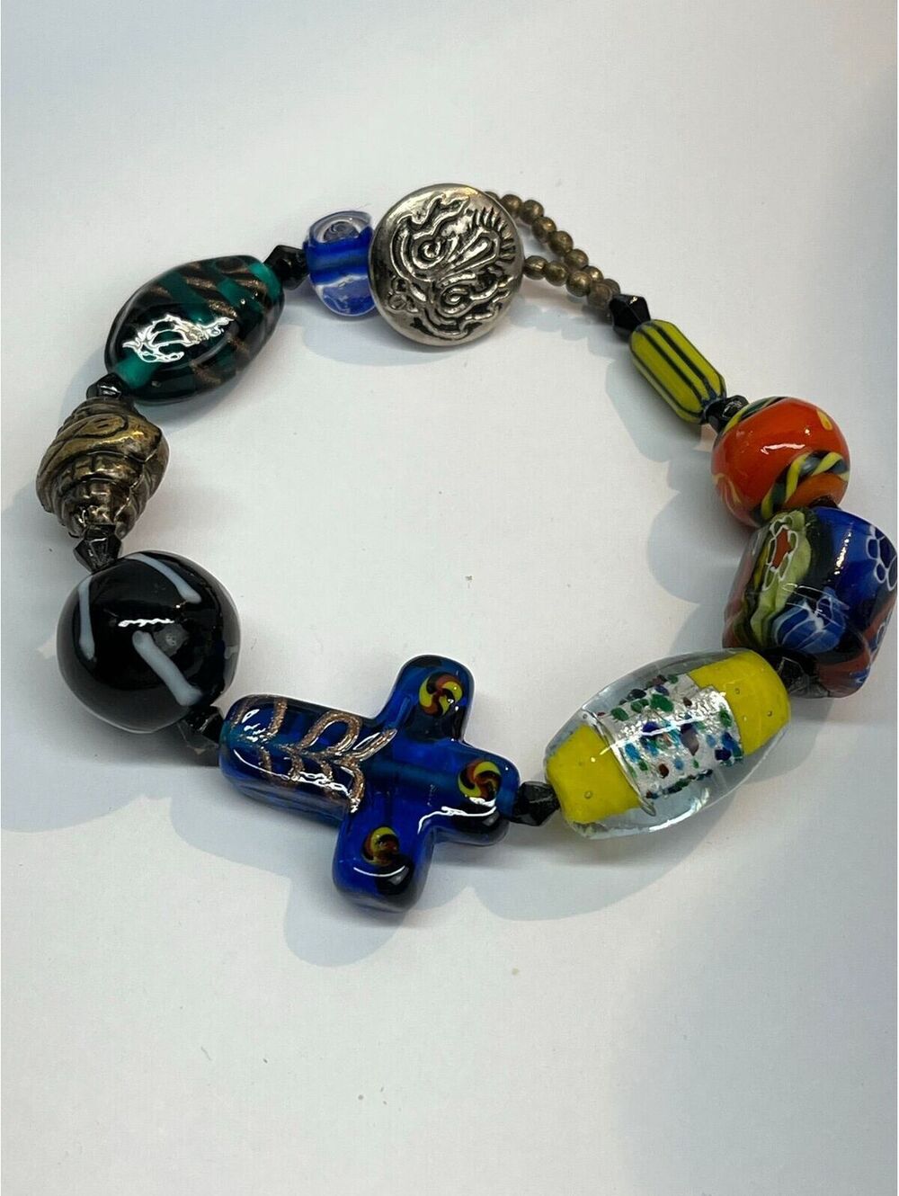 #123 Vintage Lamp Work Glass Bracelet 7” Vibrant Colors Cross